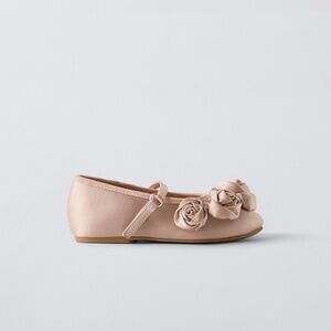 Zara Girls Pink Kids Shoes with Floral Design Rosette Satin Flats